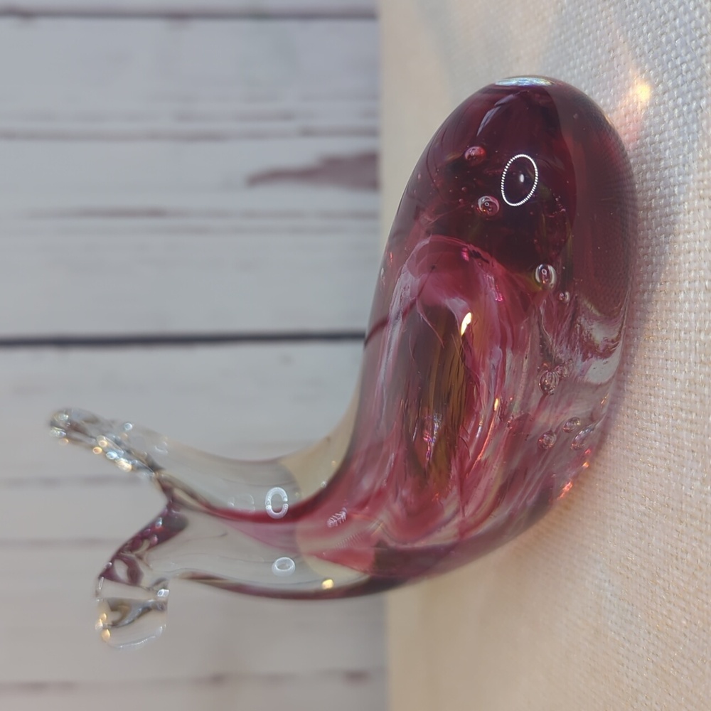 Murano Style Glass Signed Corcoran Whale Clear Cranberry‎ Paperweight Figurine